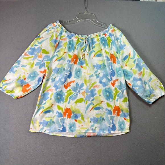 Hester & Orchard Tops - Hester & Orchard Linen‎ Blend Floral Peasant Blouse Boho Watercolor Resortwear L